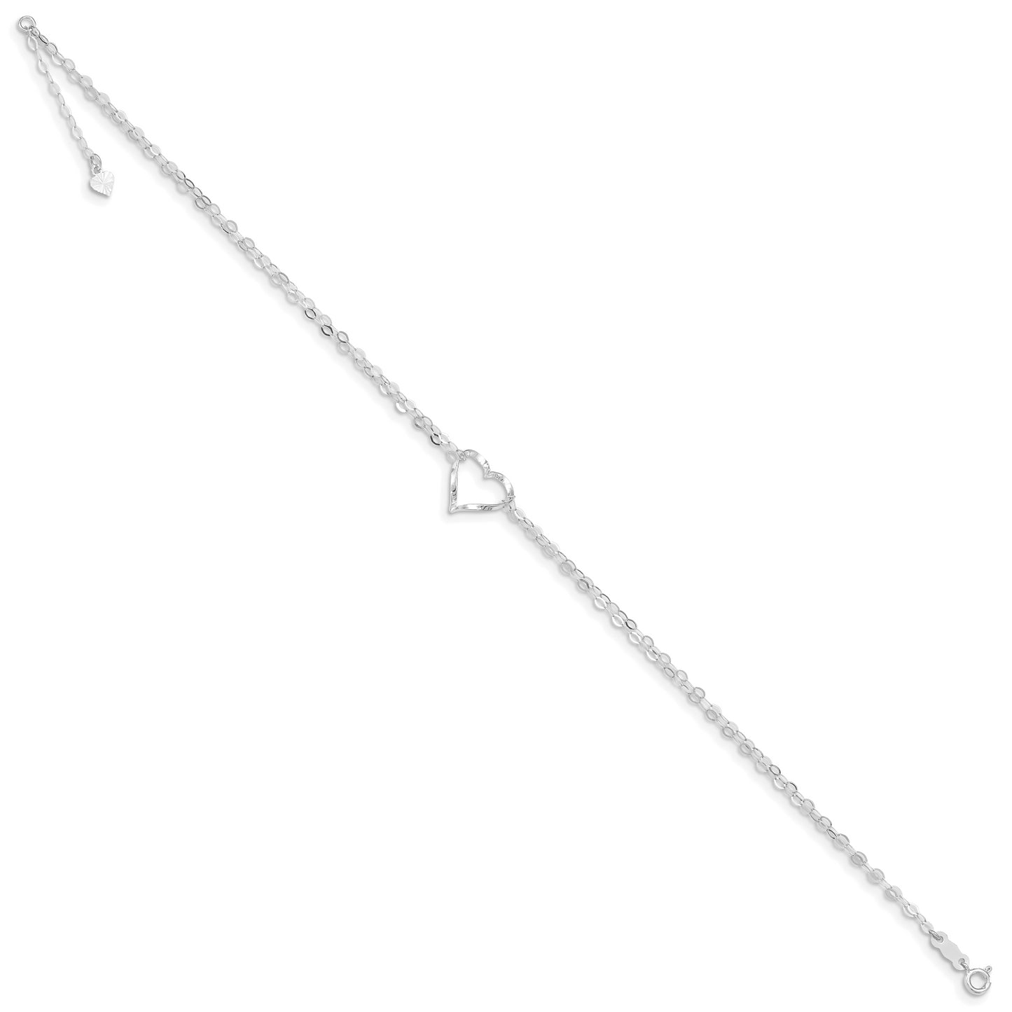 14k White Gold Double Strand Heart 9in Plus 1in ext. Anklet - Solomon Jewelers