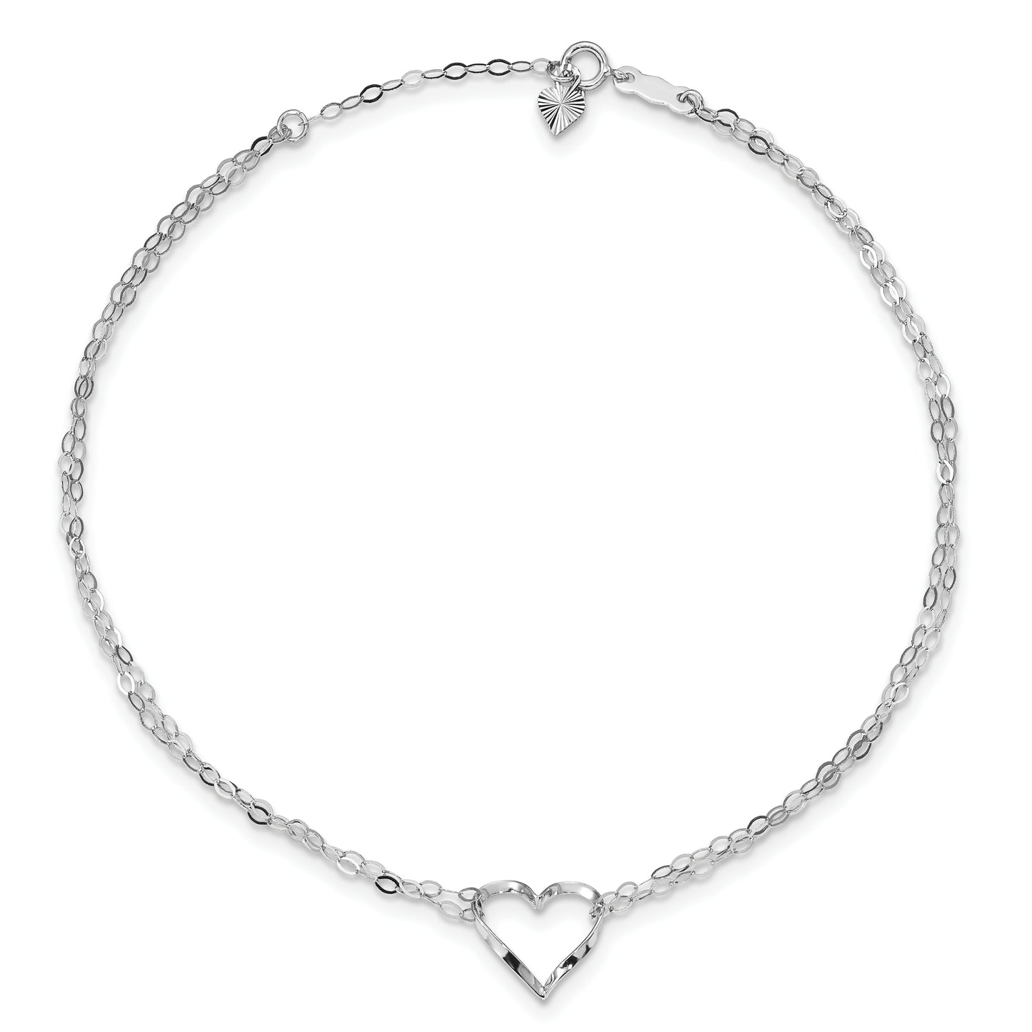 14k White Gold Double Strand Heart 9in Plus 1in ext. Anklet - Solomon Jewelers