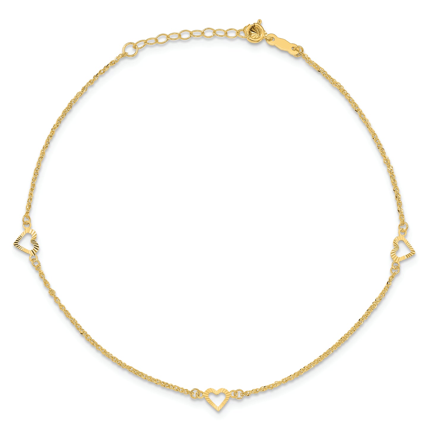 14k Diamond-cut Hearts 9in Plus 1in ext Anklet - Solomon Jewelers