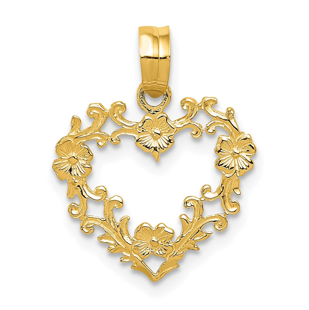 14K Polished Floral Border Heart Pendant - Solomon Jewelers