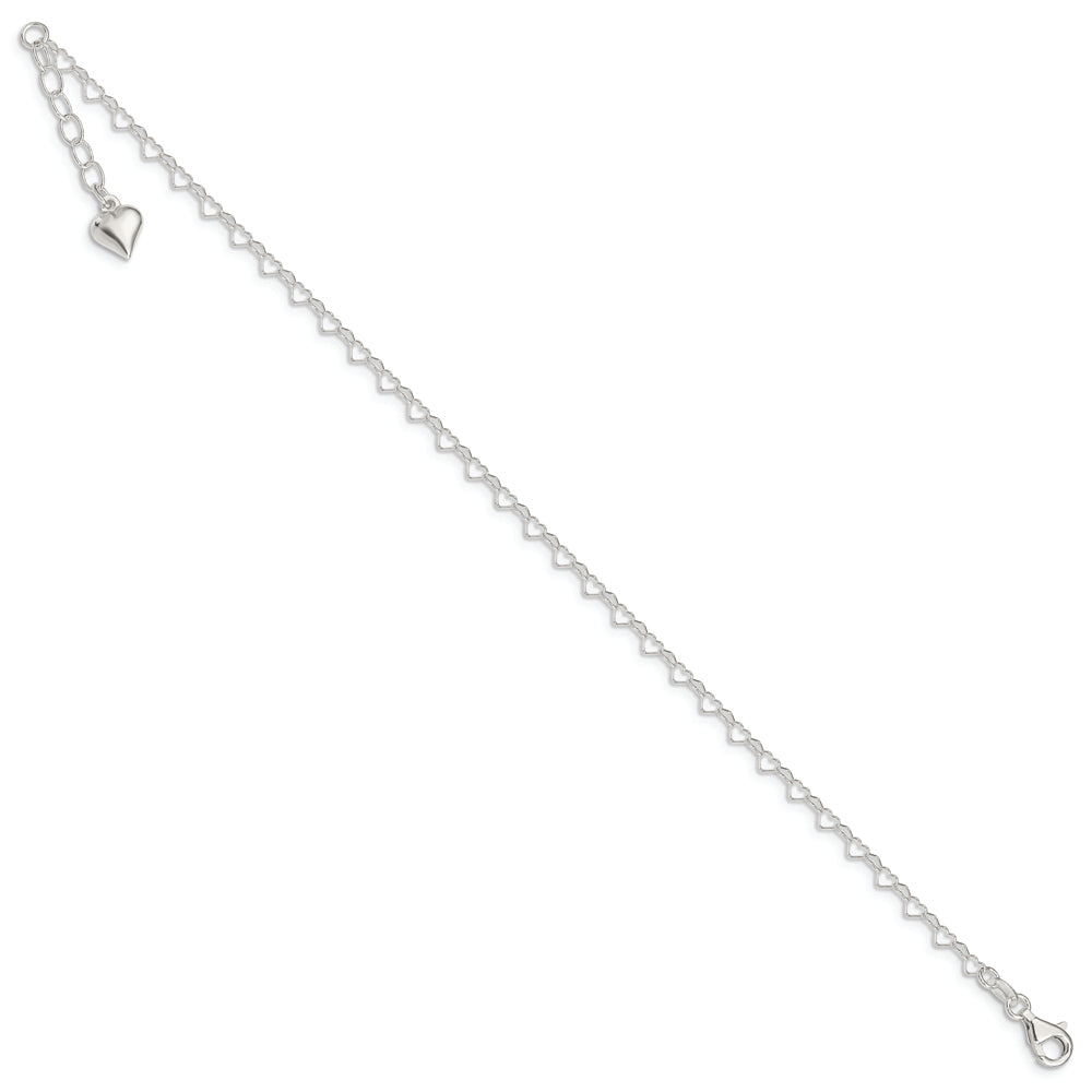 Sterling Silver Polished Puffed Heart 9in Plus 1in ext. Anklet - Solomon Jewelers