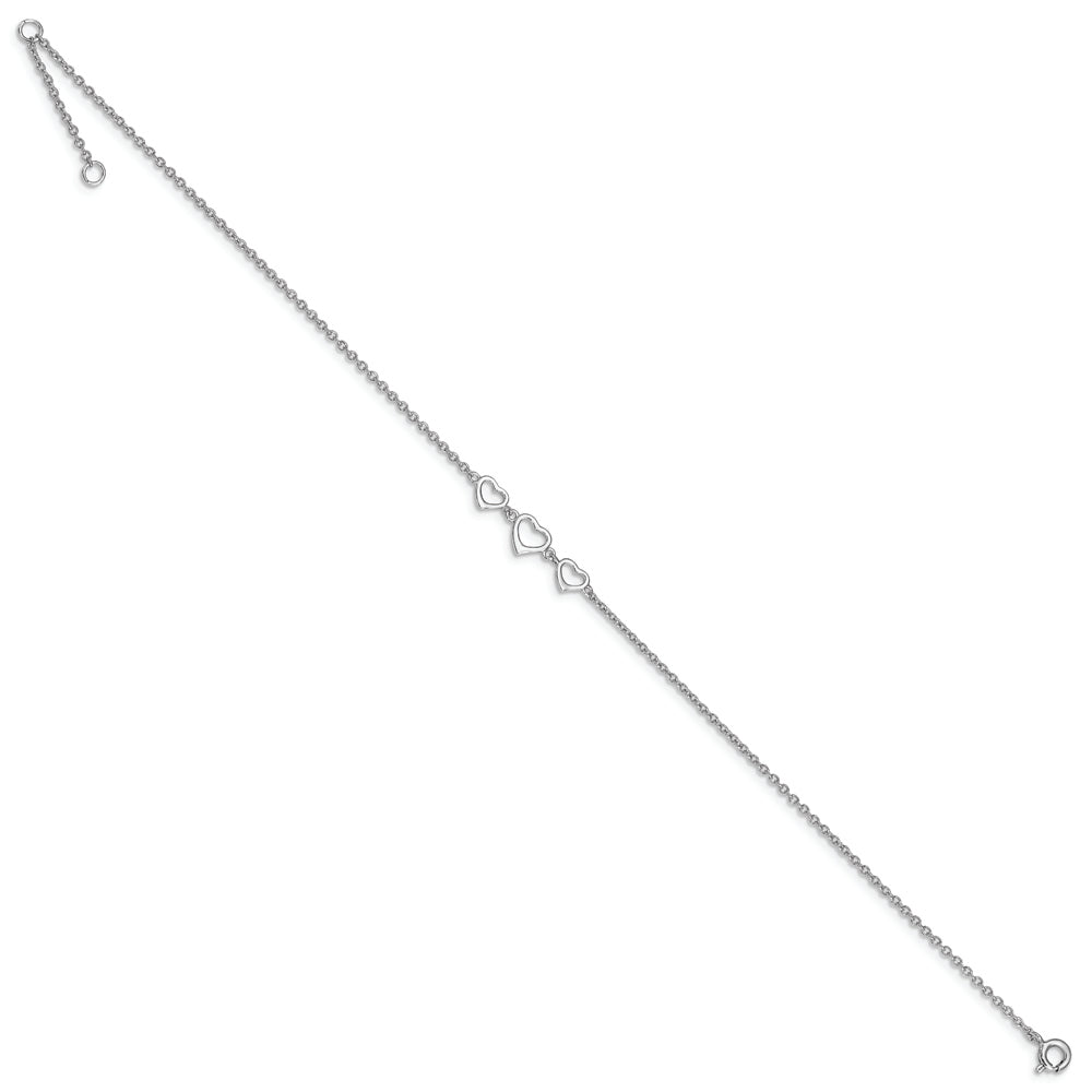 Sterling Silver Rhodium-plated 10 in Plus1 in ext Three Hearts Anklet - Solomon Jewelers