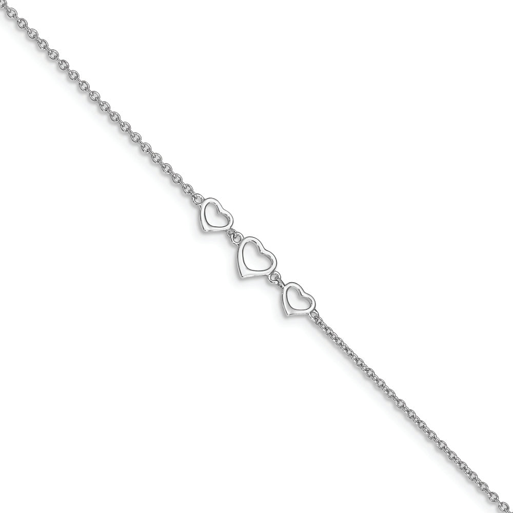 Sterling Silver Rhodium-plated 10 in Plus1 in ext Three Hearts Anklet - Solomon Jewelers