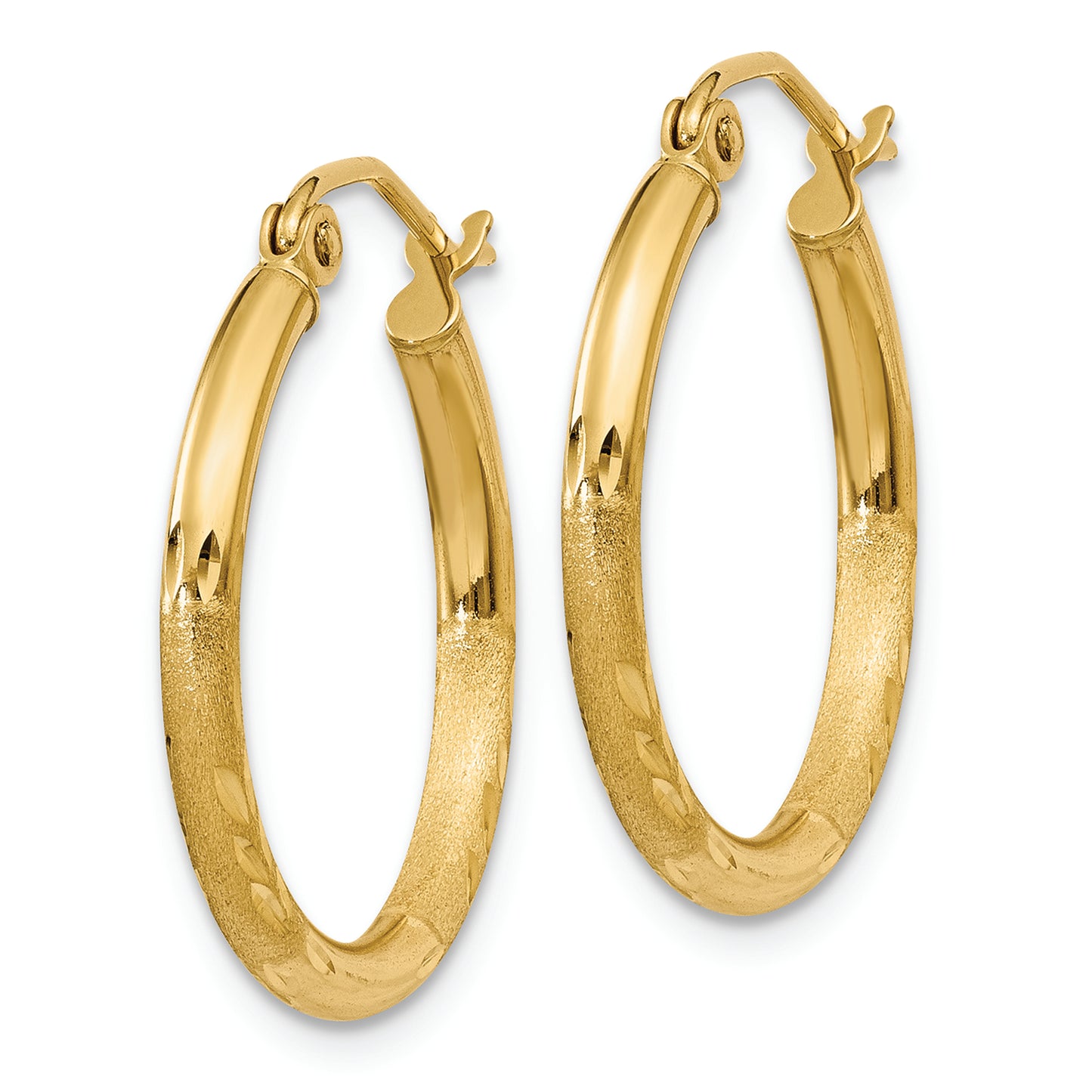 14k Satin and Diamond-cut 2mm Round Tube Hoop Earrings - Solomon Jewelers