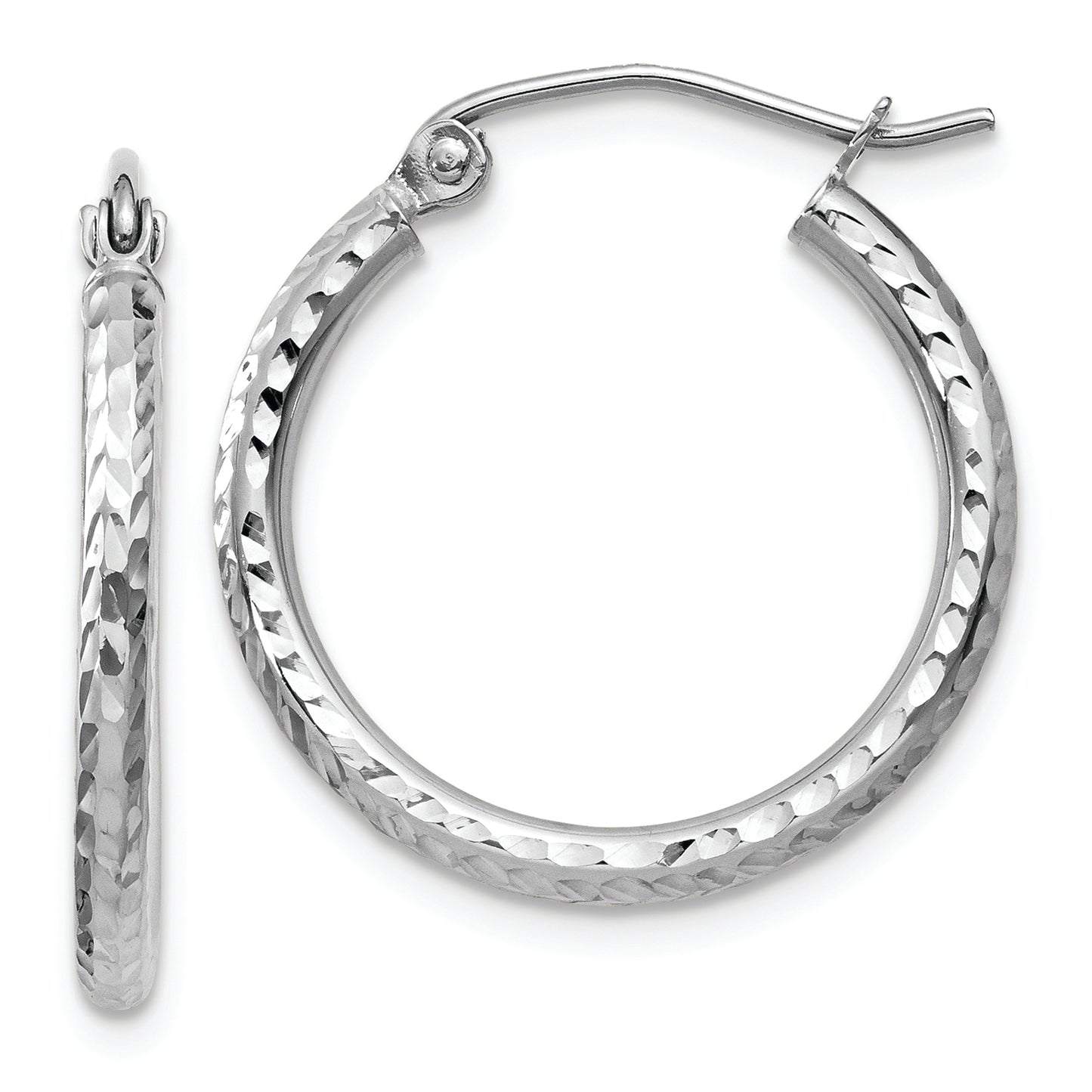 14k White Gold Diamond-cut 2mm Round Tube Hoop Earrings - Solomon Jewelers