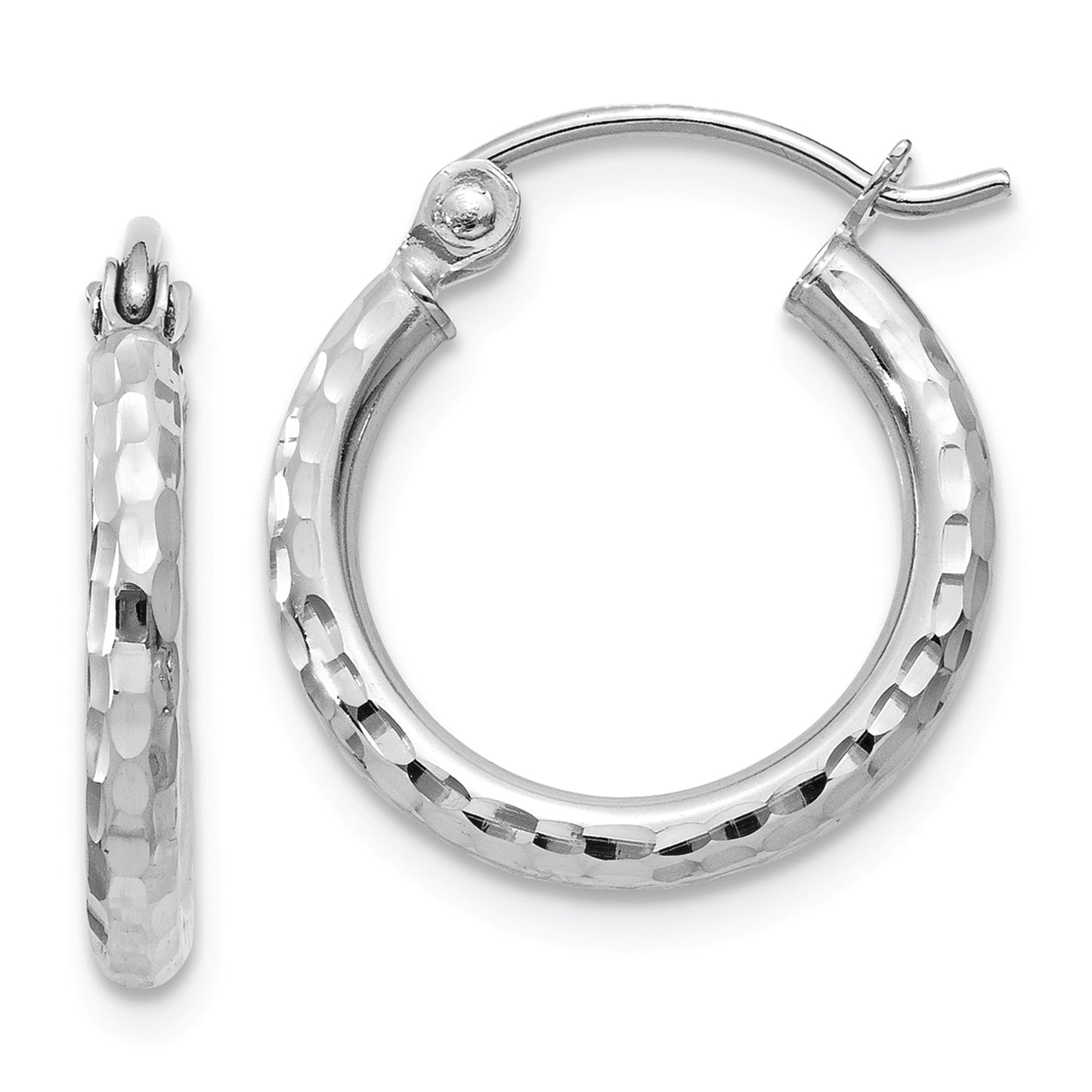 14k White Gold Diamond-cut 2mm Round Tube Hoop Earrings - Solomon Jewelers