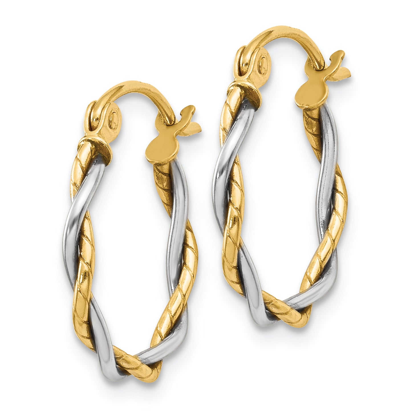 14k Two-tone Polished 1.8mm Twisted Hoop Earrings - Solomon Jewelers