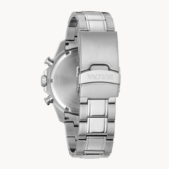 Six hand calendar chronograph in stainless steel with silver-tone finish and blue dial.