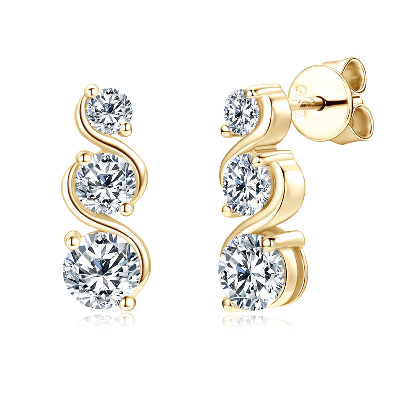 Moissanite Triple Stone Curve Earrings in Sterling Silver - Solomon Jewelers