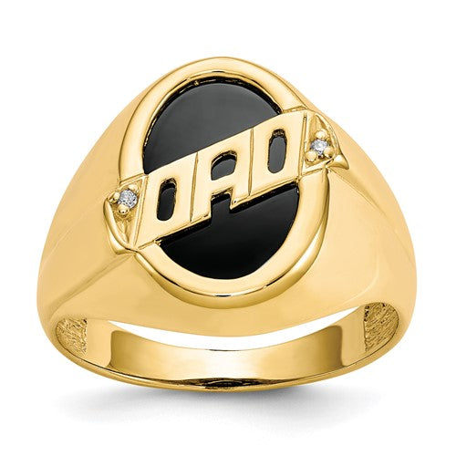 14k men's diamond and black onyx DAD ring from Solomon Jewelers, featuring a polished gold band with diamond accents and black onyx inlay.