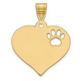 Yellow gold heart pendant with cut-out paw print design, 10k gold charm from Solomon Jewelers.