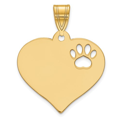 Yellow gold heart pendant with cut-out paw print design, 10k gold charm from Solomon Jewelers.