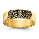Yellow gold fingerprint ring featuring intricate engraved design, handcrafted jewelry by Solomon Jewelers.