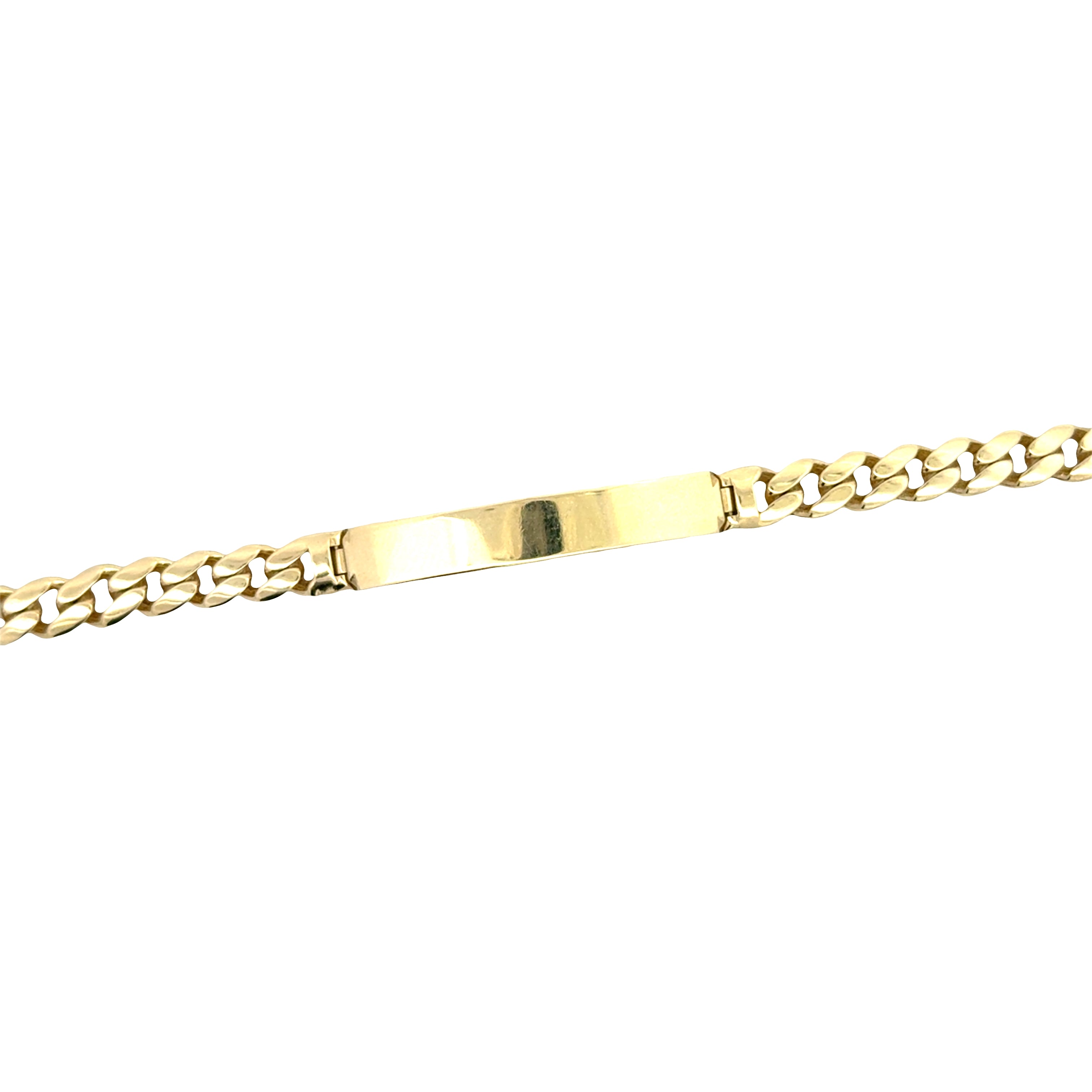 Solid 10K gold Cuban link ID bracelet with secure clasp, crafted by Solomon Jewelers, featuring a sleek and durable design.