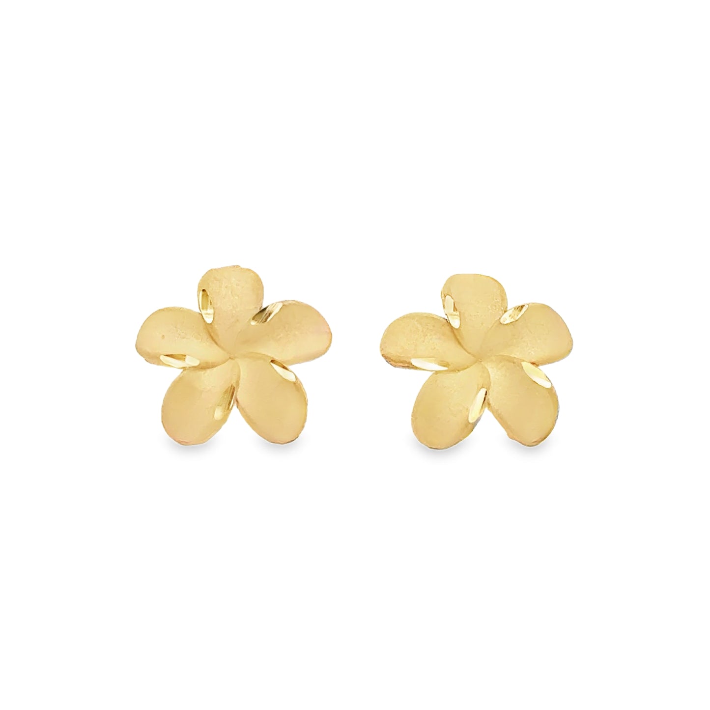 10K gold hibiscus stud earrings by Solomon Jeweler featuring satin petals and diamond-cut highlights