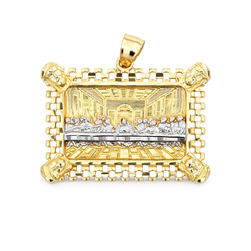10 karat gold Last Supper pendant with detailed religious engraving from Solomon Jeweler