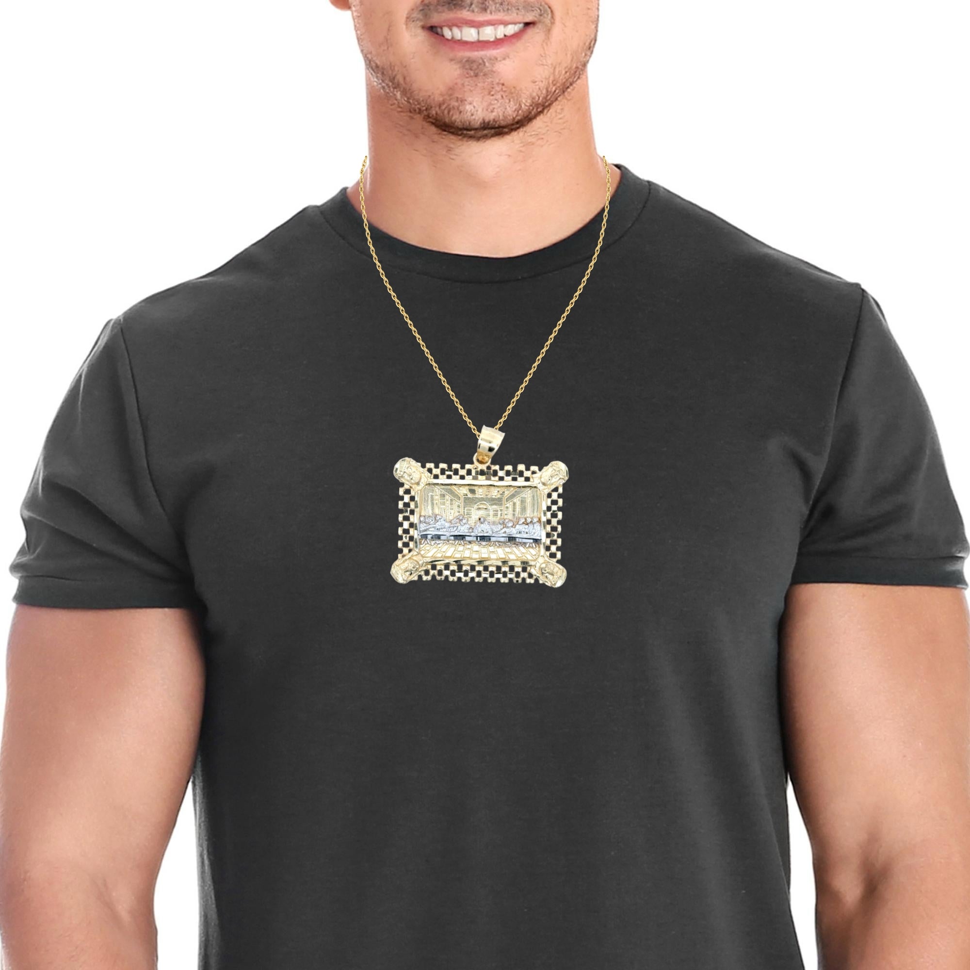 10 karat Two-tone Last Supper pendant with detailed religious engraving from Solomon Jeweler