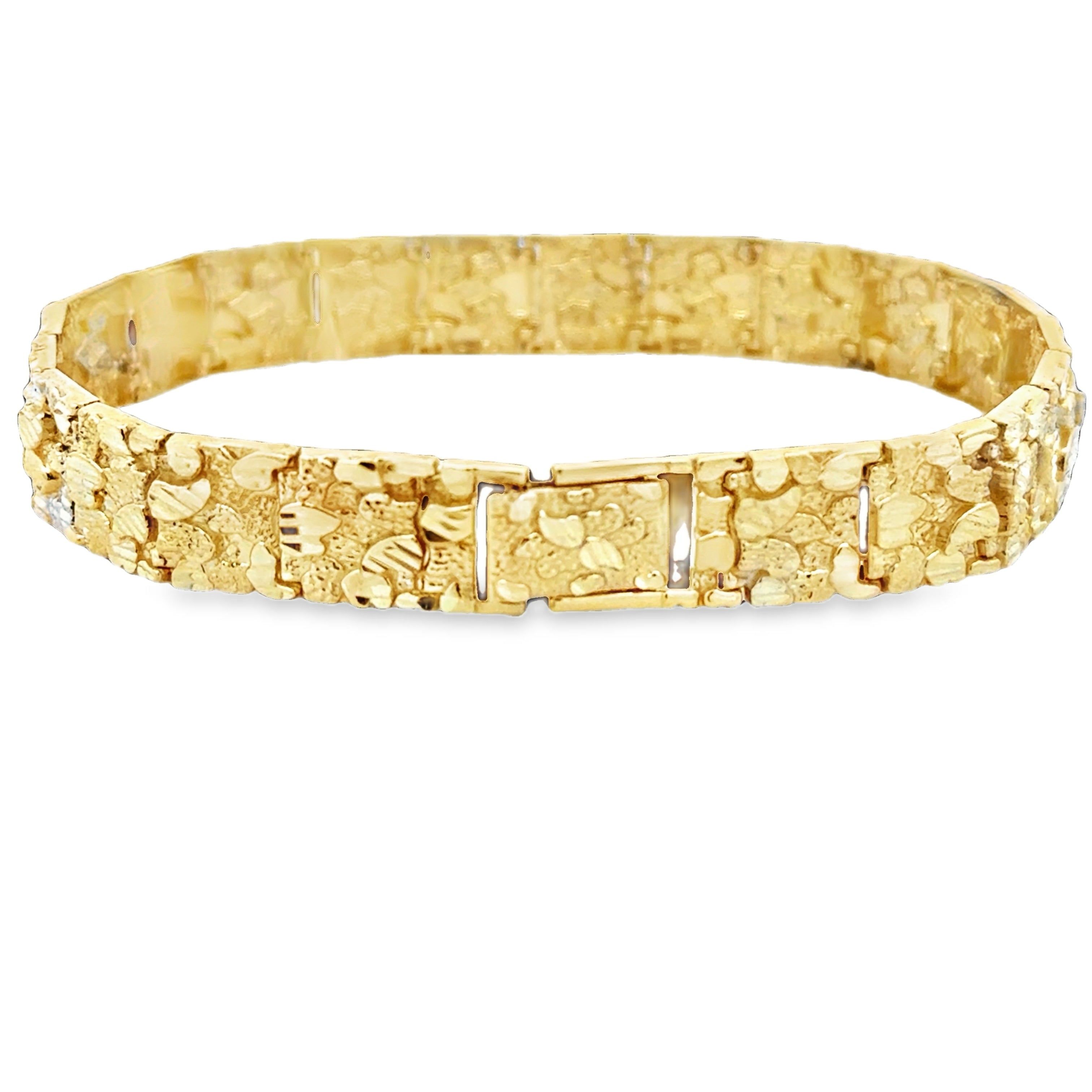 10K yellow gold men's nugget bracelet featuring solid gold nuggets, crafted by Solomon Jewelers.
