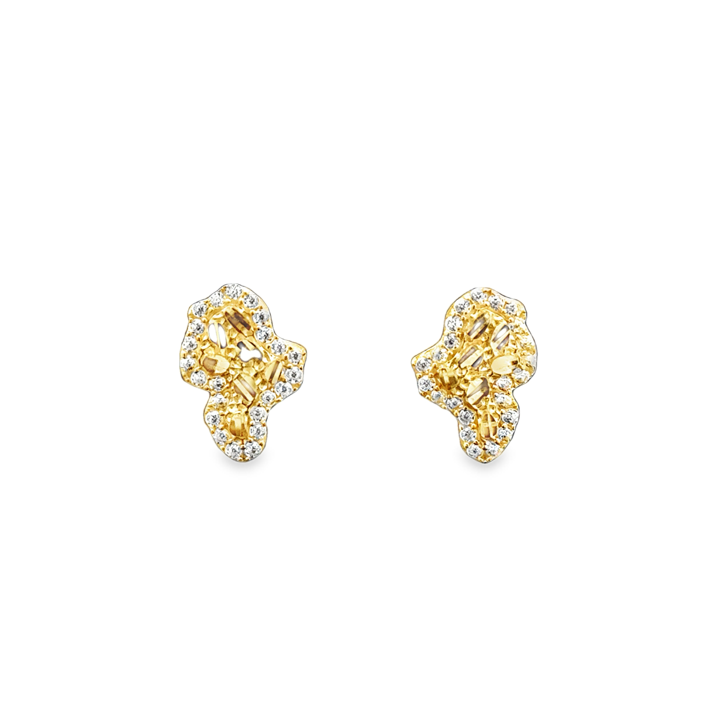 10 Karat yellow gold Africa-shaped nugget earrings with textured surface and modern design from Solomon Jewelers.
