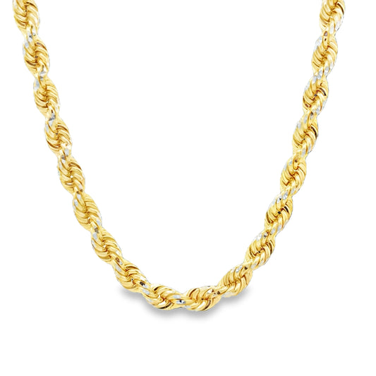 10K solid two-tone rope chain necklace in yellow and white gold, 5mm width