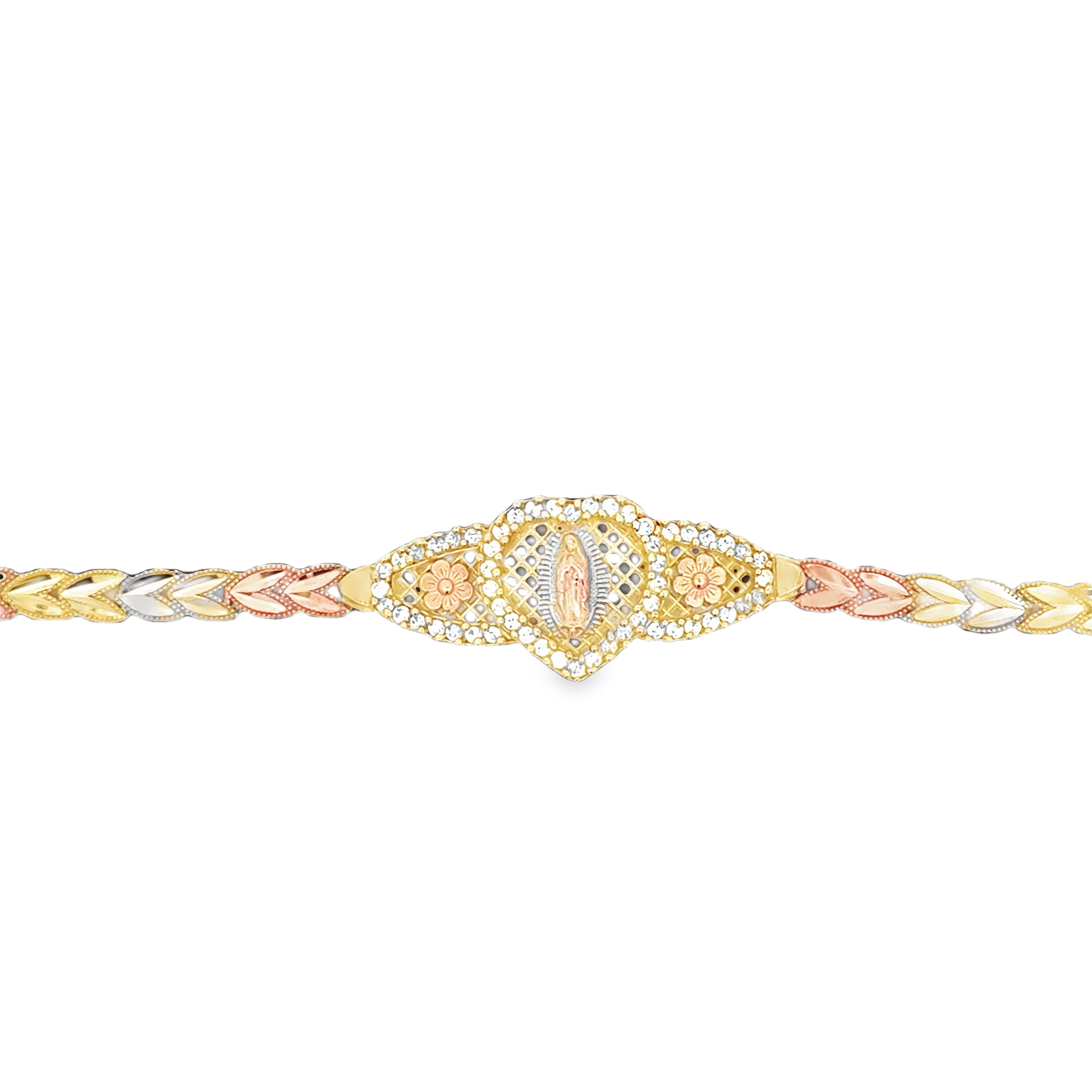 10K tri-color gold Virgin Mary bracelet with floral details and sparkling accents