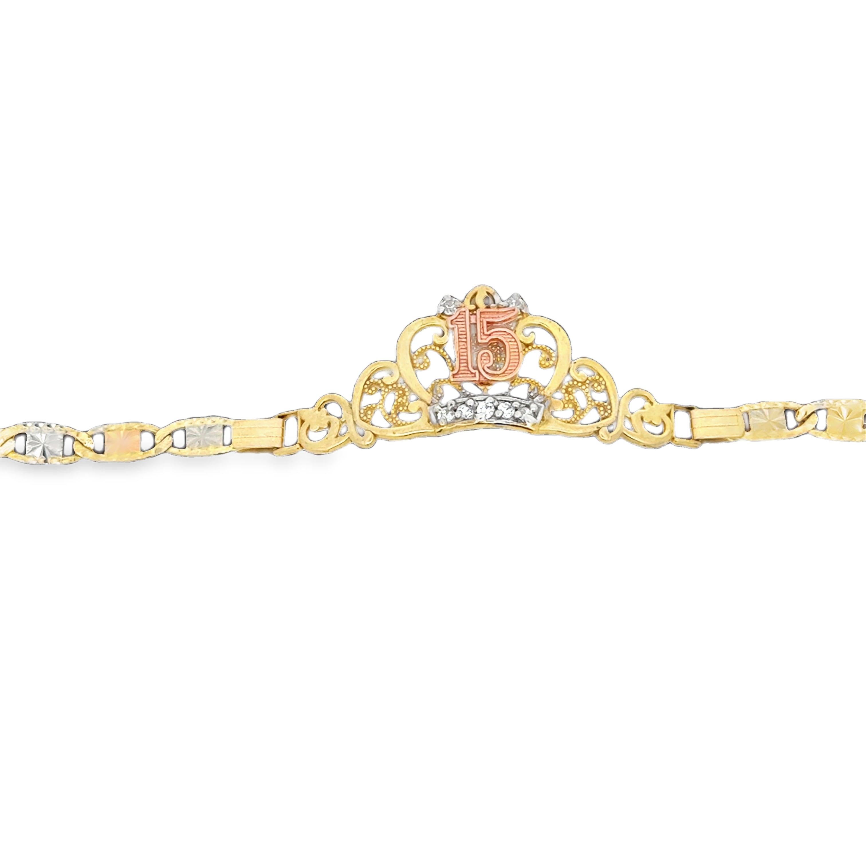 10K tri-color gold quinceañera bracelet with crown and rose-gold number 15.