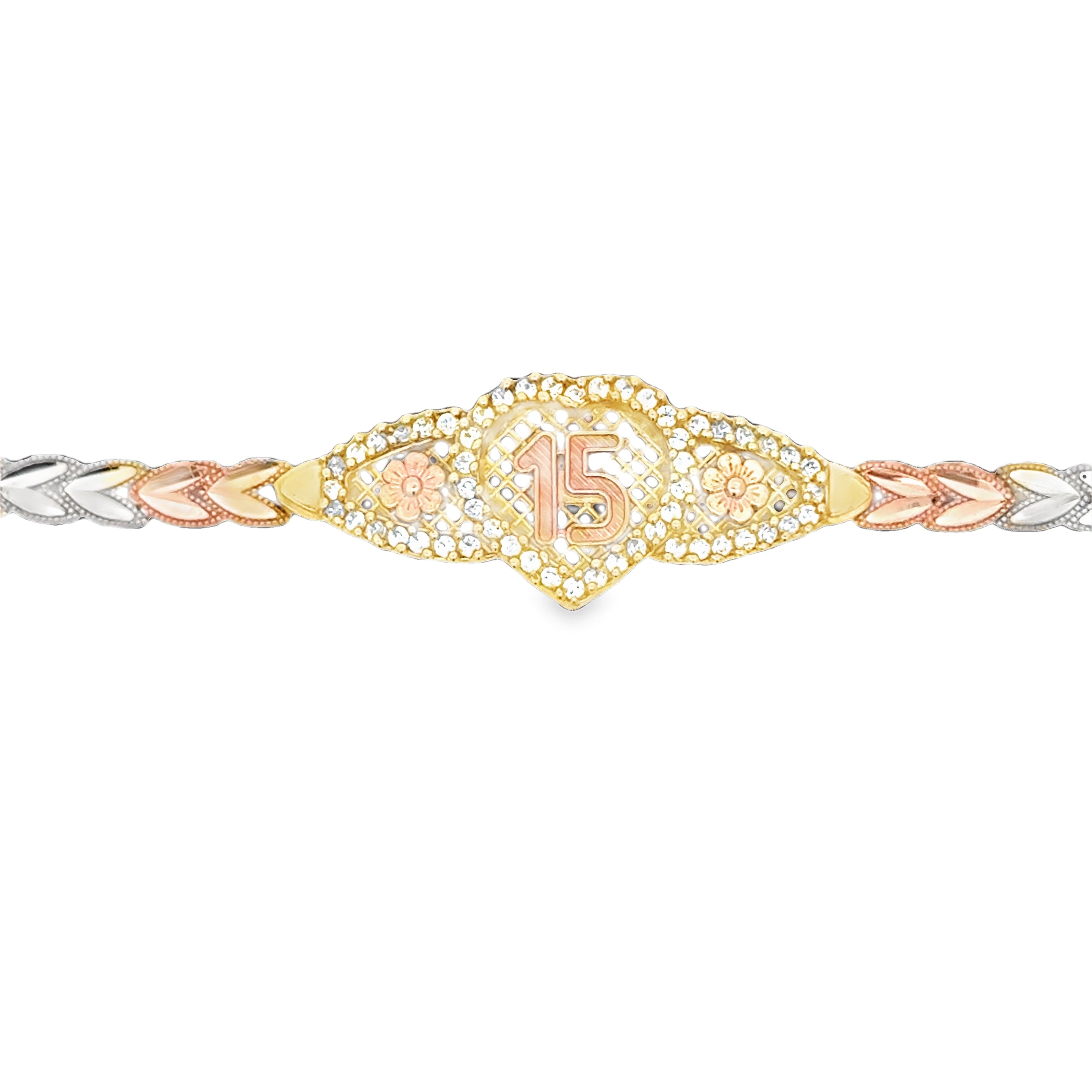 10K tri-color gold quinceañera bracelet with rose-gold number 15, flowers and sparkling accents