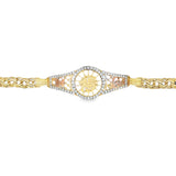 10K tri-color gold quinceañera bracelet with number 15 sunburst centerpiece and lobster clasp
