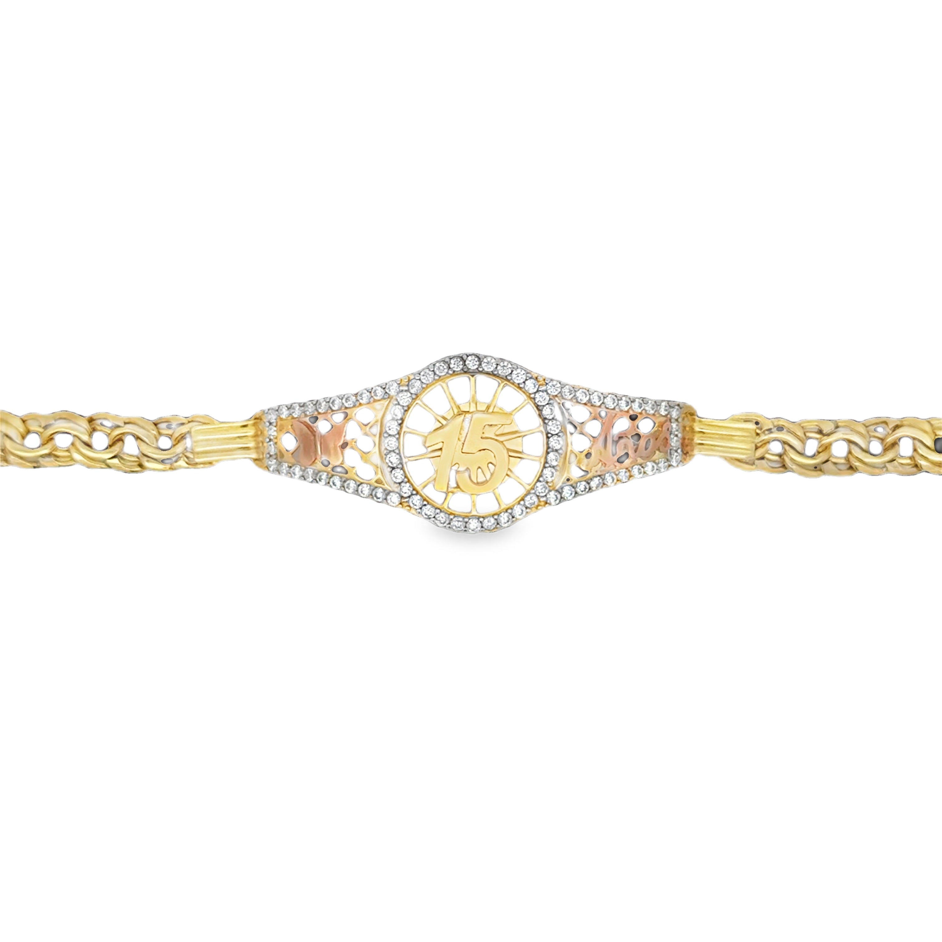 10K tri-color gold quinceañera bracelet with number 15 sunburst centerpiece and lobster clasp