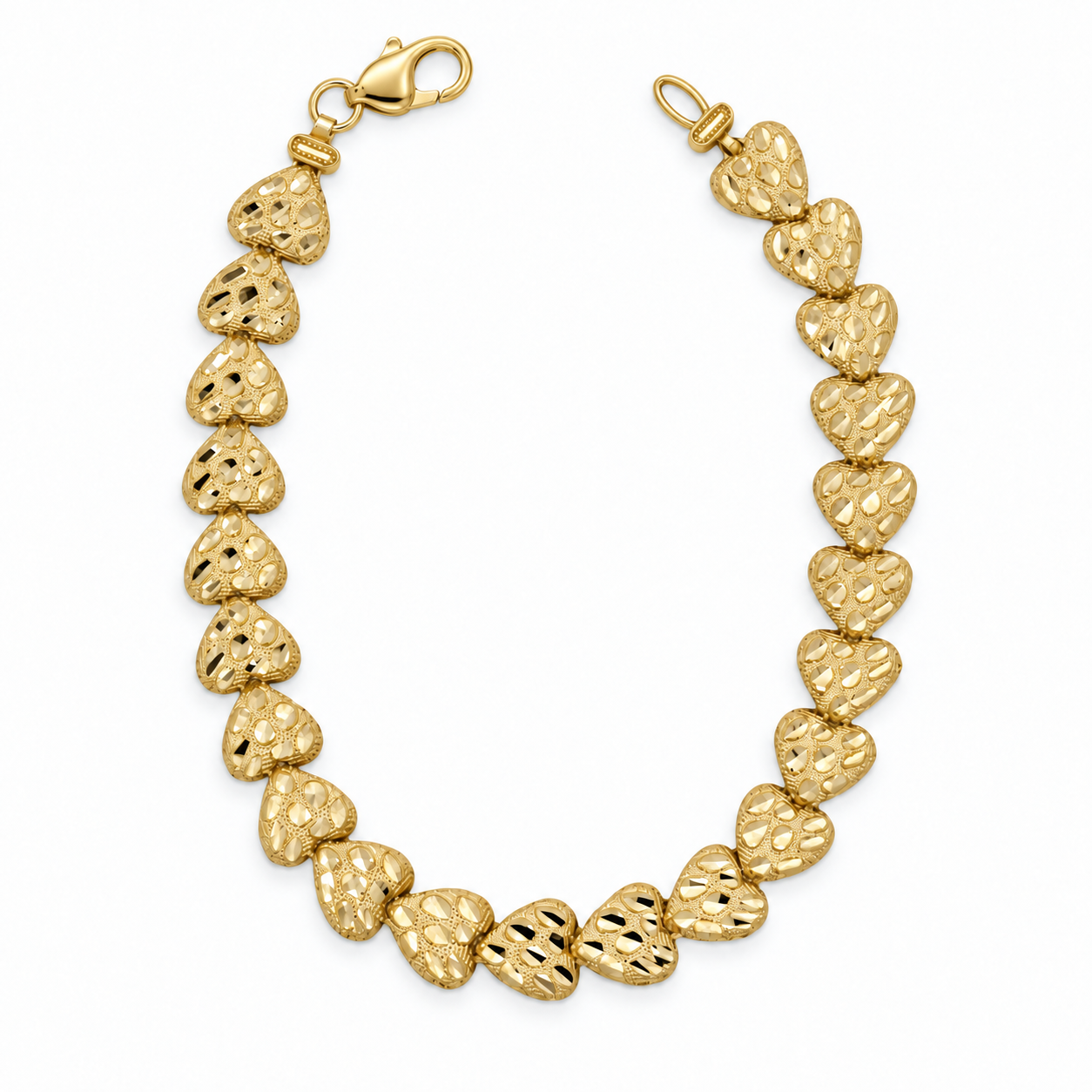 10K yellow gold diamond-cut nugget heart-link bracelet.