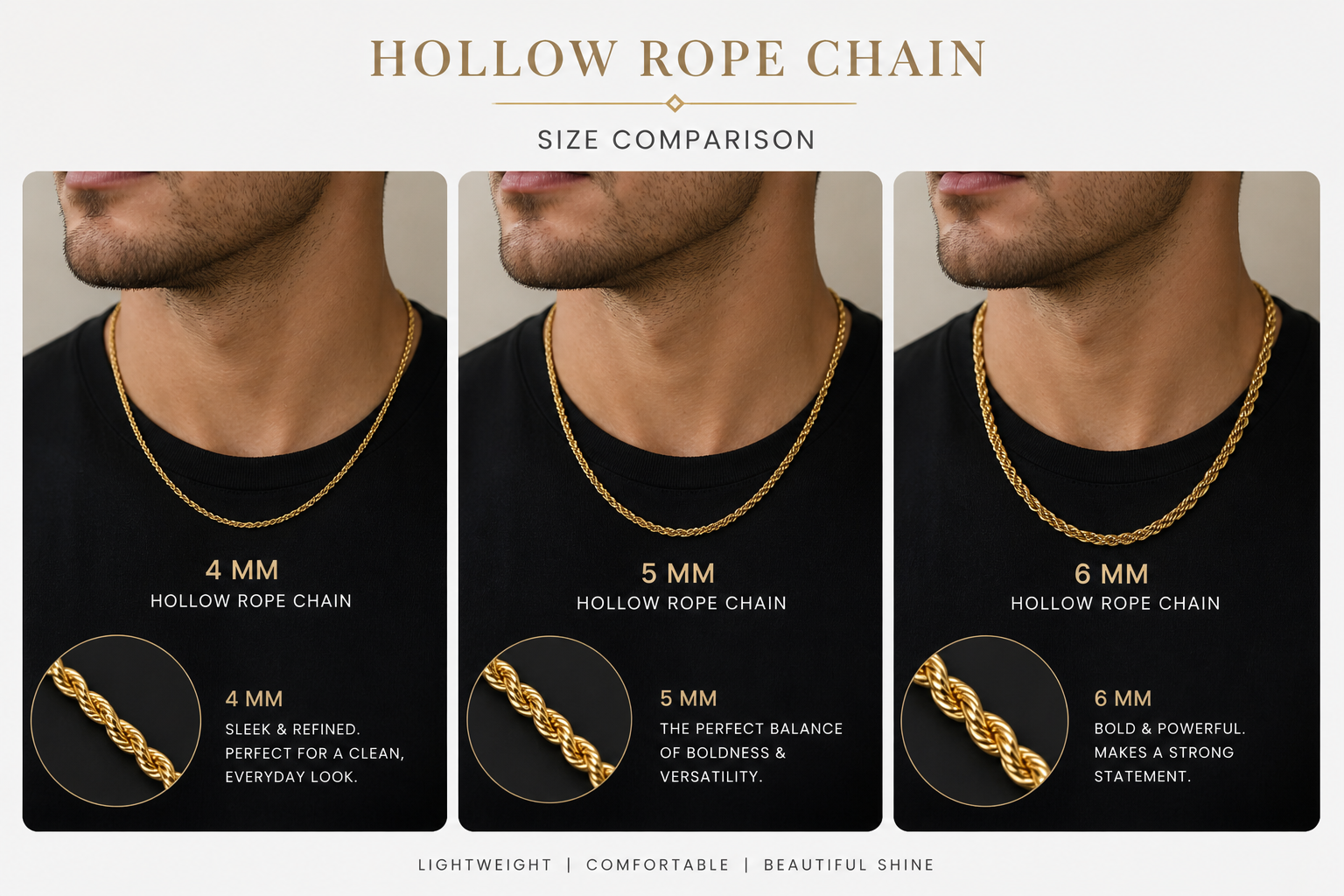 10k yellow gold hollow rope chain necklace, 4mm width, showcasing a shiny textured design and secure clasp.