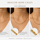 14k yellow gold hollow rope chain, 4mm thick, featuring twisted design and polished finish, crafted by Solomon Jewelers.