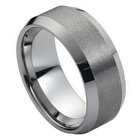 10mm brushed gray tungsten wedding band with wide polished beveled edges