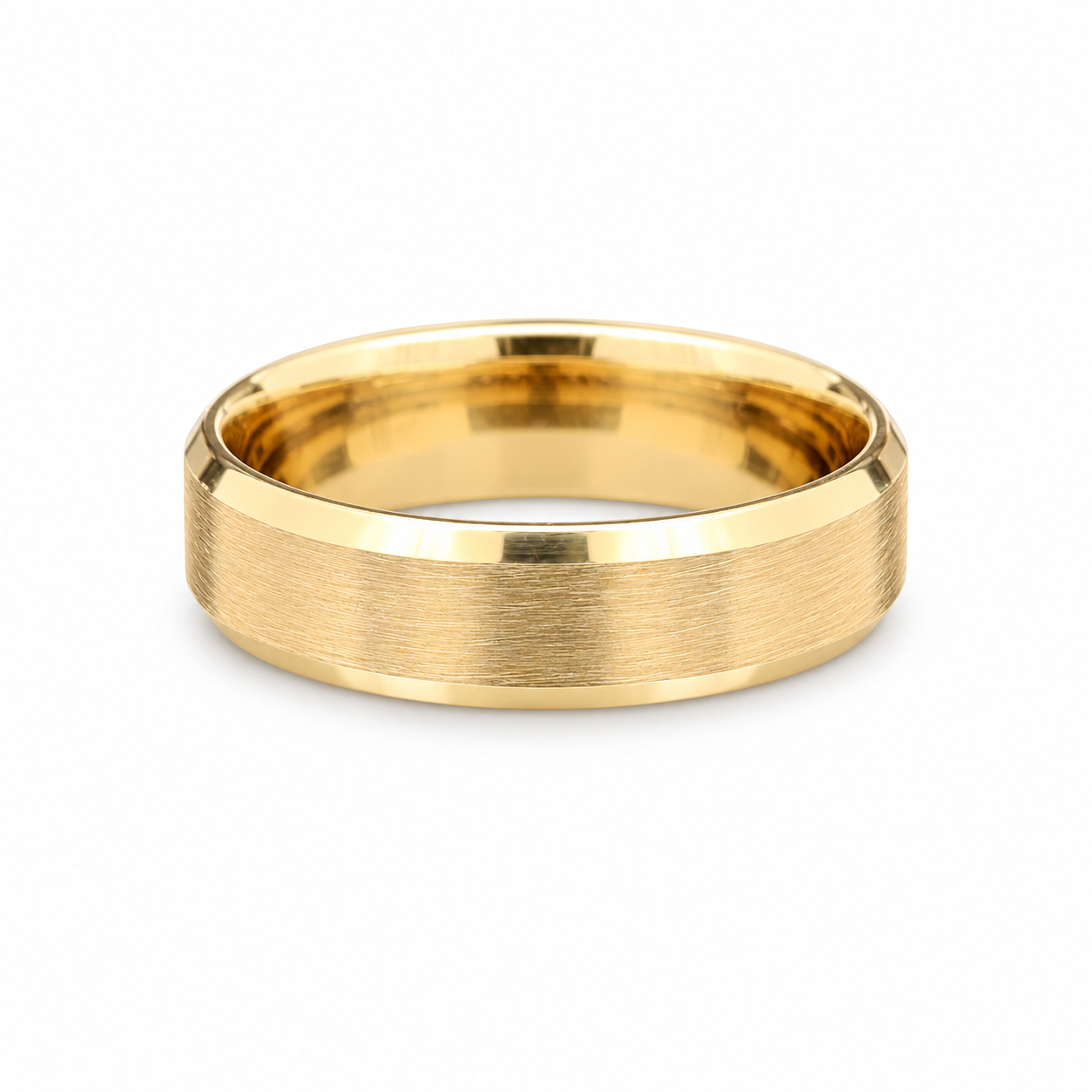 14 karat brushed yellow gold wedding band with polished beveled edges available at Solomon Jeweler.