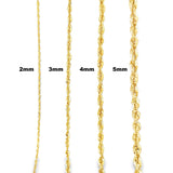 14k yellow gold hollow rope chain, 4mm thick, showcasing the intricate link design and shiny finish of Solomon Jewelers' jewelry.