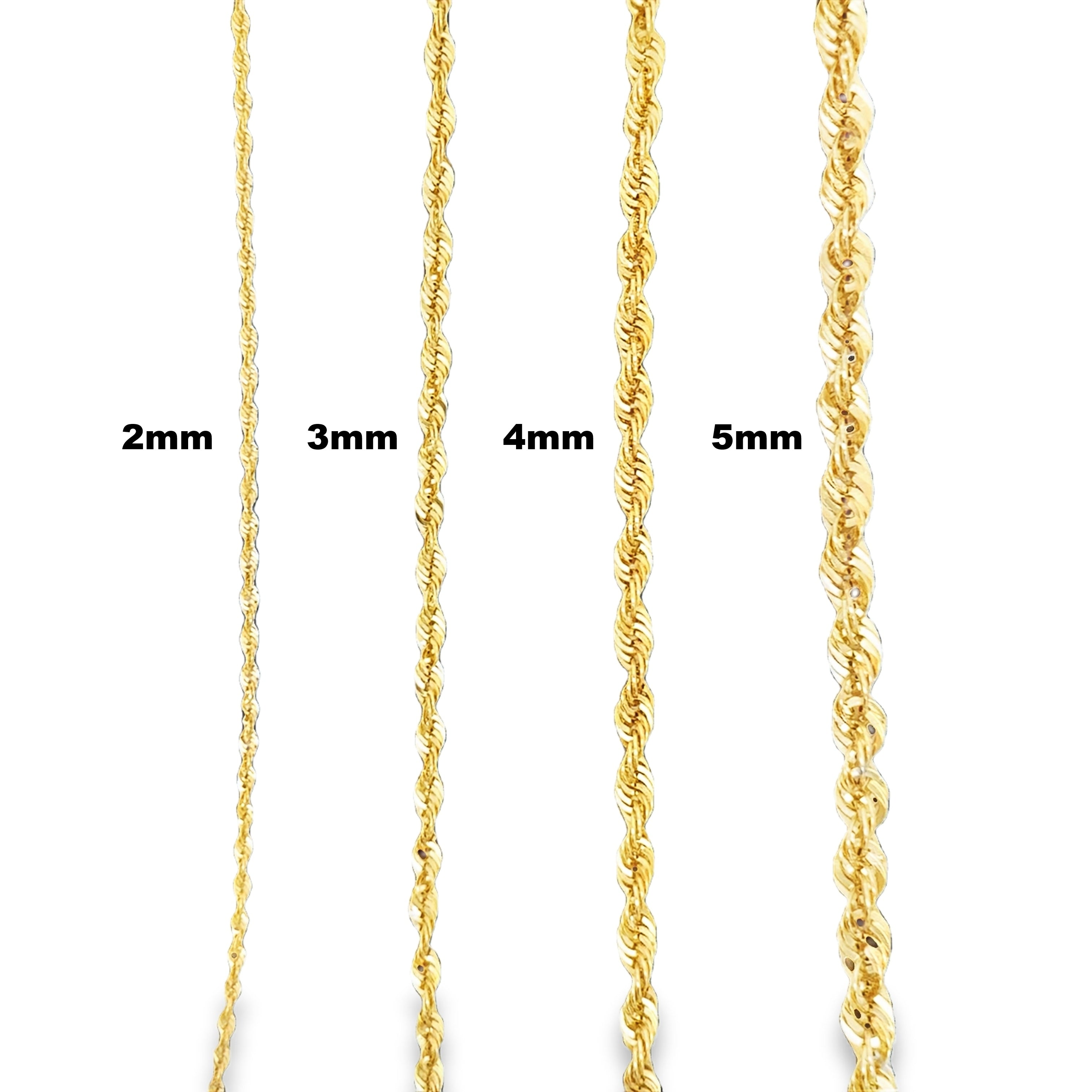 14k yellow gold hollow rope chain, 4mm thick, showcasing the intricate link design and shiny finish of Solomon Jewelers' jewelry.