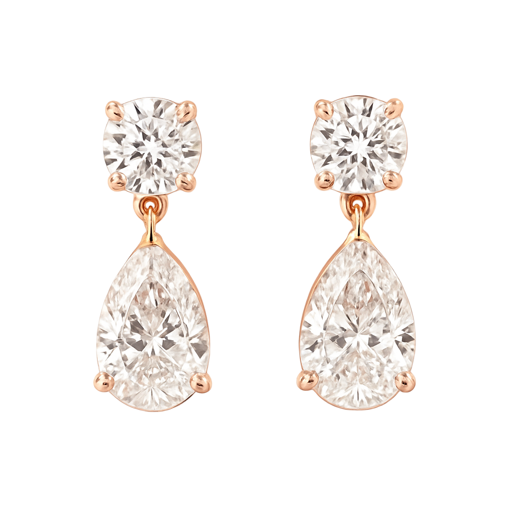 14 karat rose gold lab diamond drop earrings with round and pear-cut stones