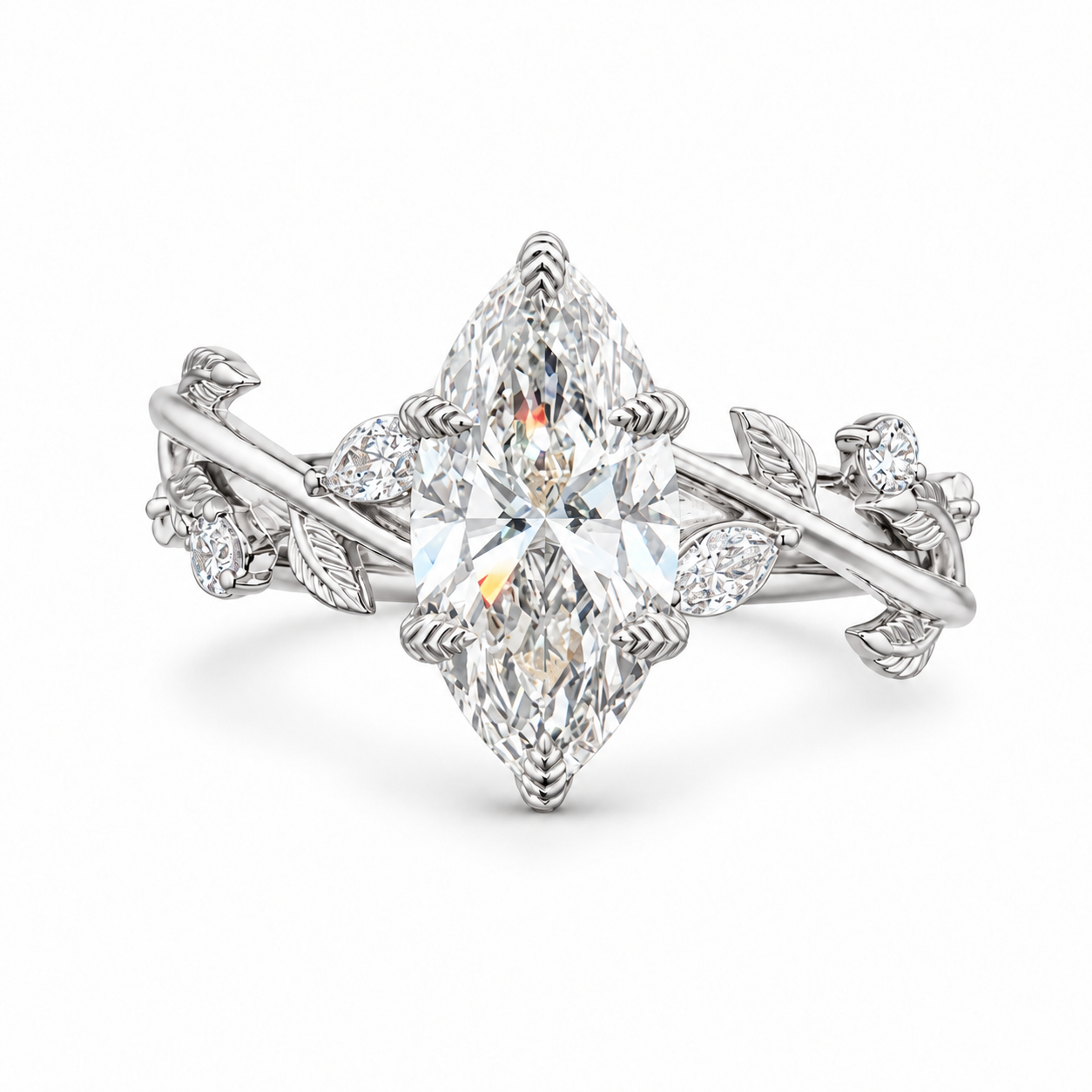 A silver-toned diamond ring featuring a large marquise-cut center stone with smaller diamonds set along a vine-inspired band with leaf and flower motifs, shown on a clean white background.