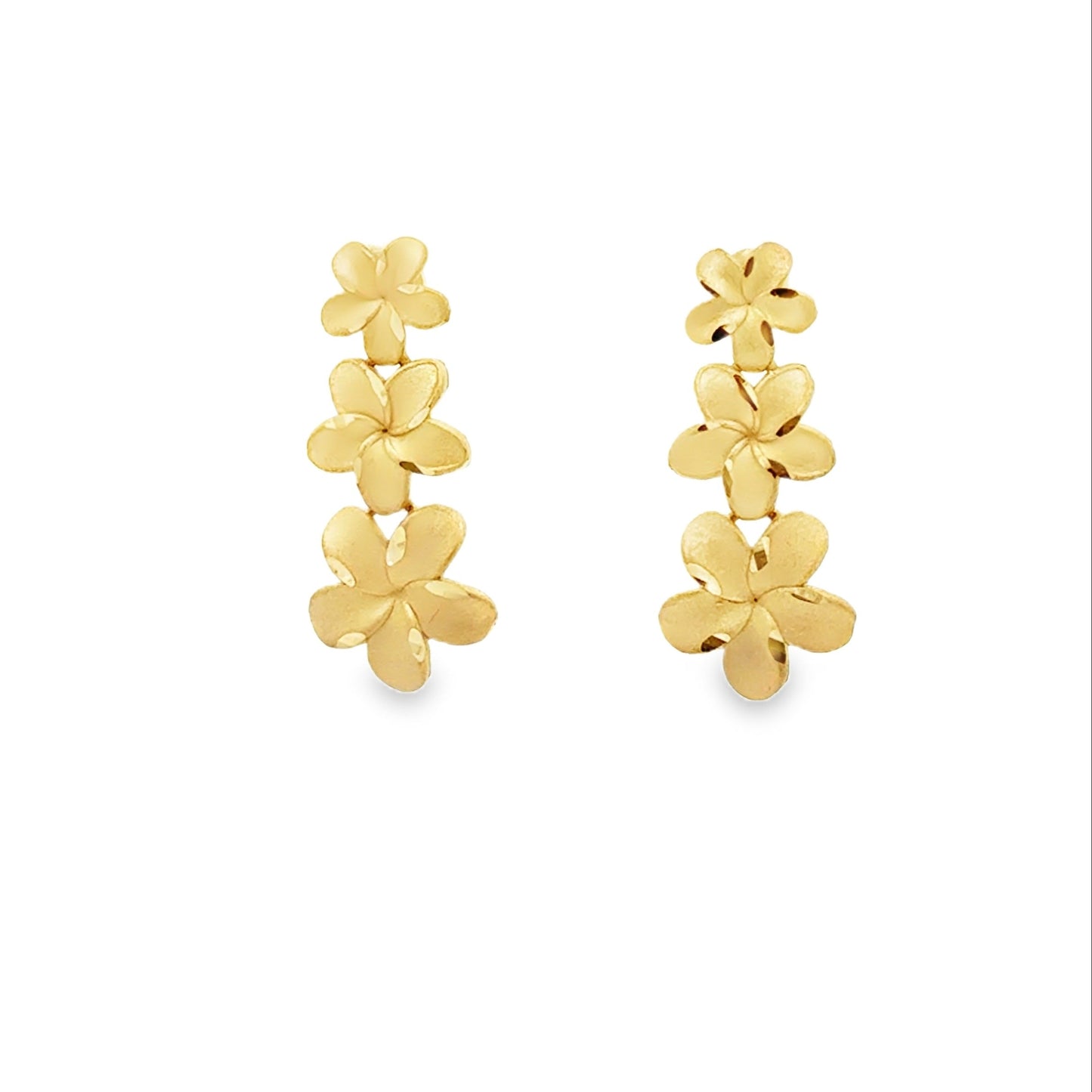 14K gold hibiscus earrings by Solomon Jeweler featuring triple floral design in yellow gold