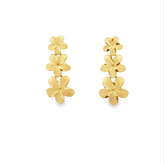 14K gold hibiscus earrings by Solomon Jeweler featuring triple floral design in yellow gold