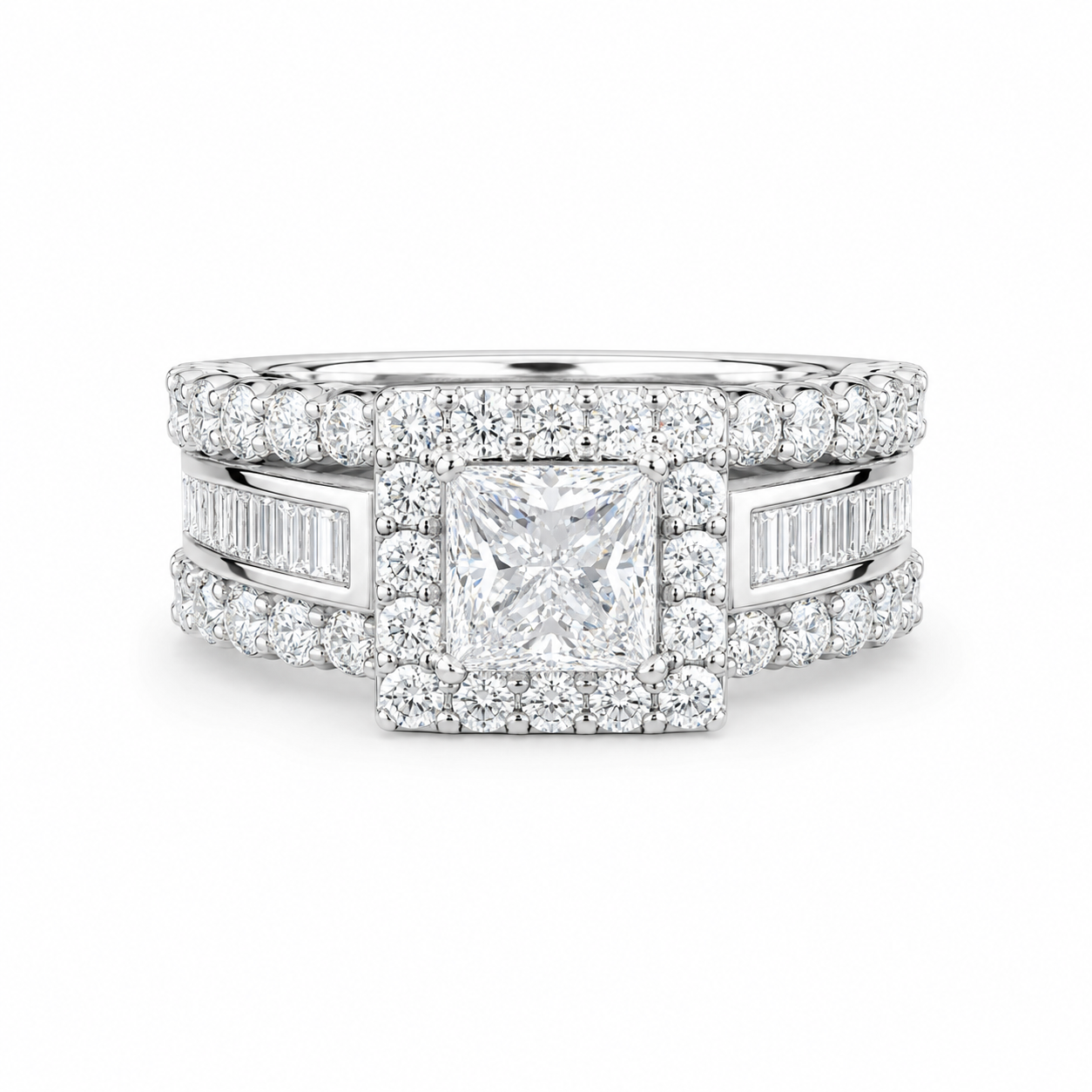 14k gold princess-cut lab diamond engagement ring with baguette accents, showcasing elegant jewelry craftsmanship.