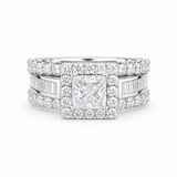 14k gold princess-cut lab diamond engagement ring with baguette accents, showcasing elegant jewelry craftsmanship.