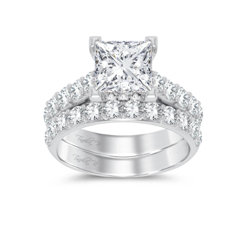 Princess-cut solitaire diamond engagement ring with hidden halo in 14K white gold