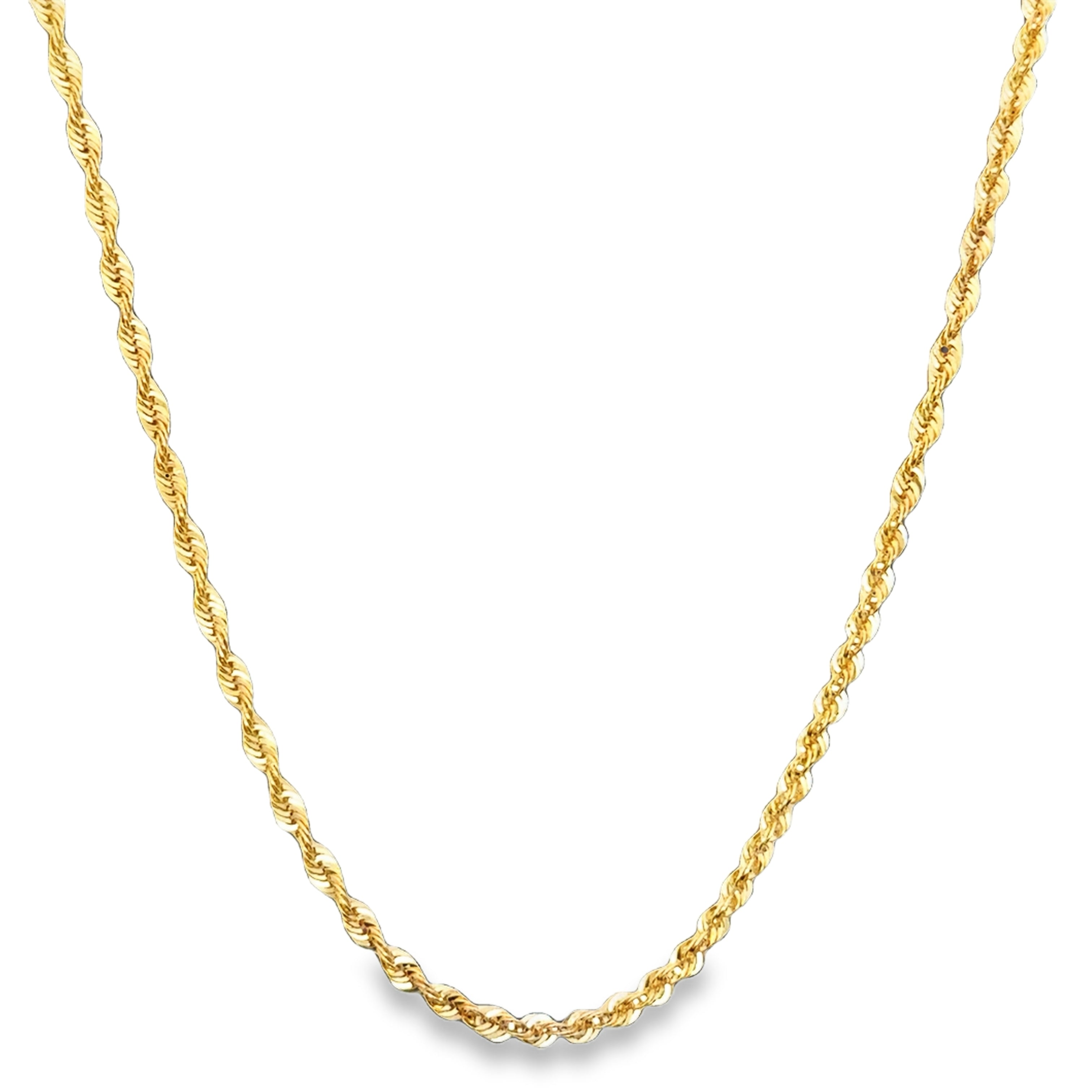 14k yellow gold hollow diamond cut rope chain, 4 mm thick, stylish jewelry piece with intricate design from Solomon Jewelers.
