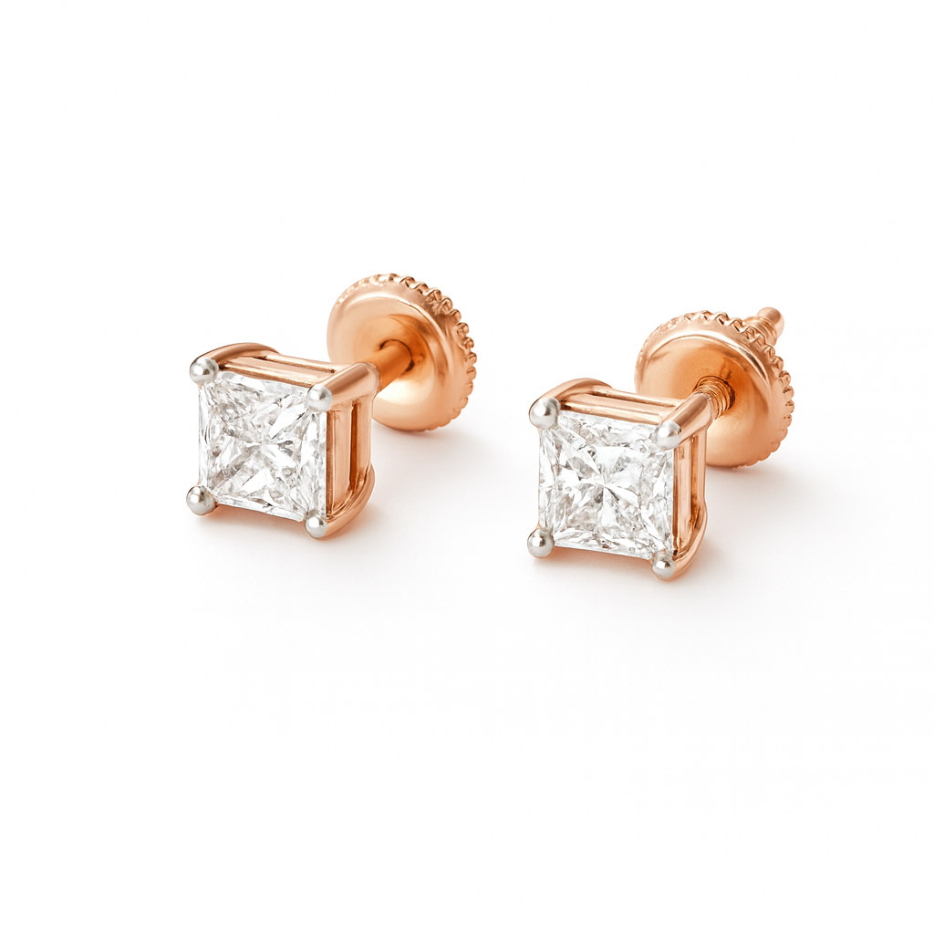 14K Rose Gold Princess Cut Lab Diamond Stud Earrings high-quality product image