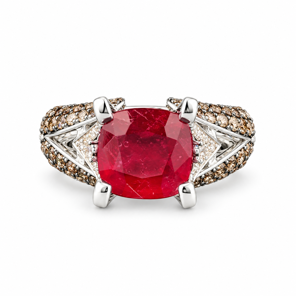 14K white gold ring with cushion-cut natural ruby, chocolate diamond pave accents and split-shank design on a white background