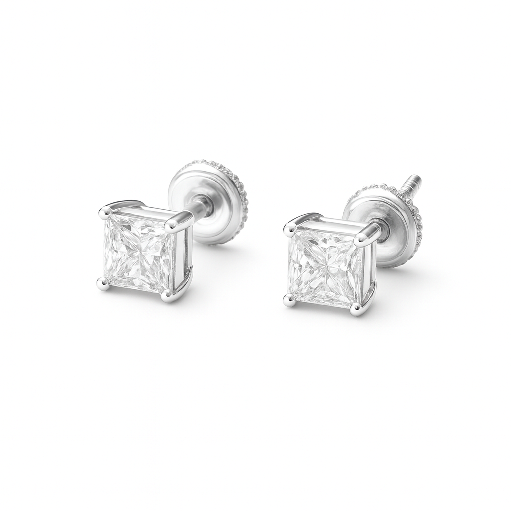 14K White Gold Princess Cut Lab Diamond Stud Earrings with screw-back design