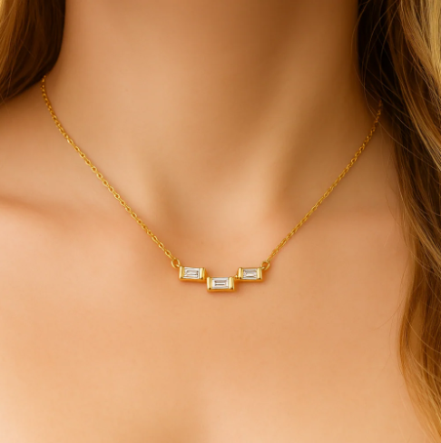 14KT Yellow Gold Baguette Diamond Bar Necklace Pendant