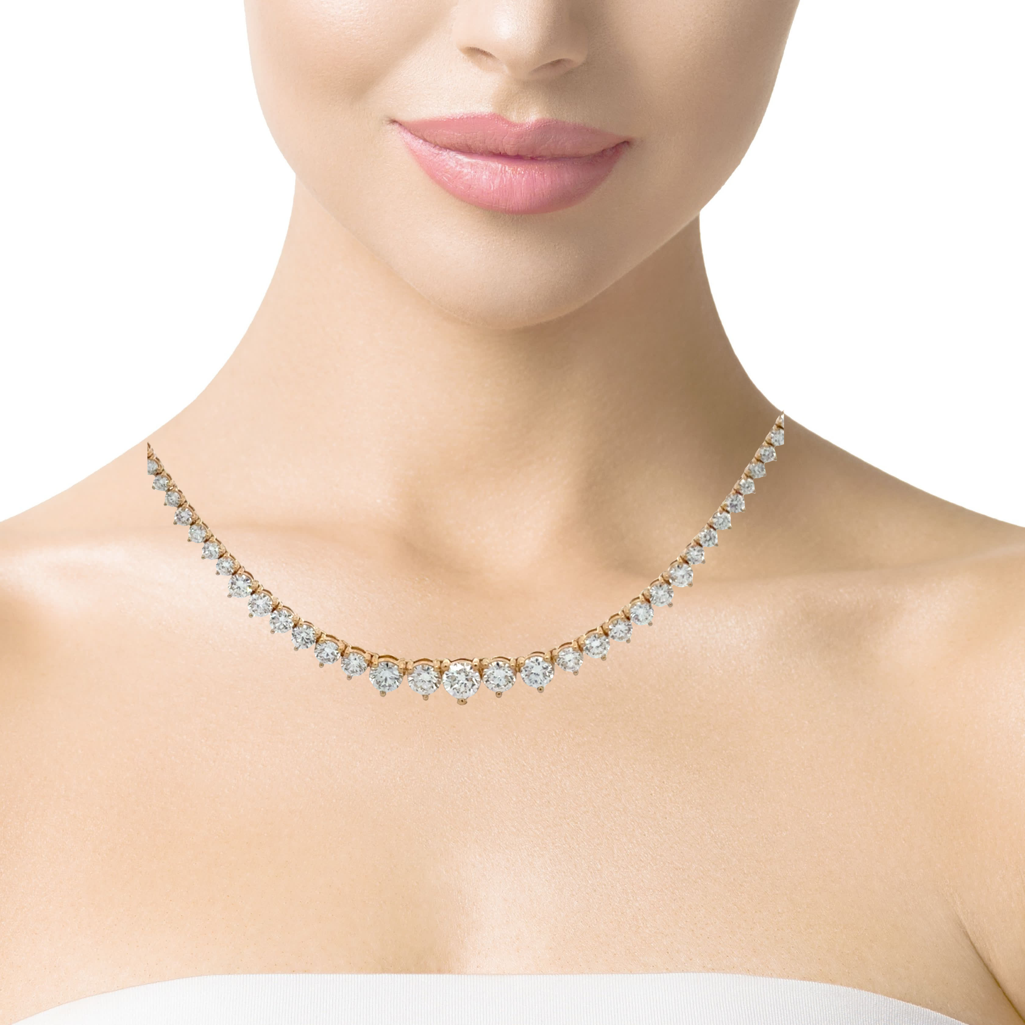 14K yellow Gold Graduated Lab Diamond Tennis Necklace on Model – Solomon Jeweler