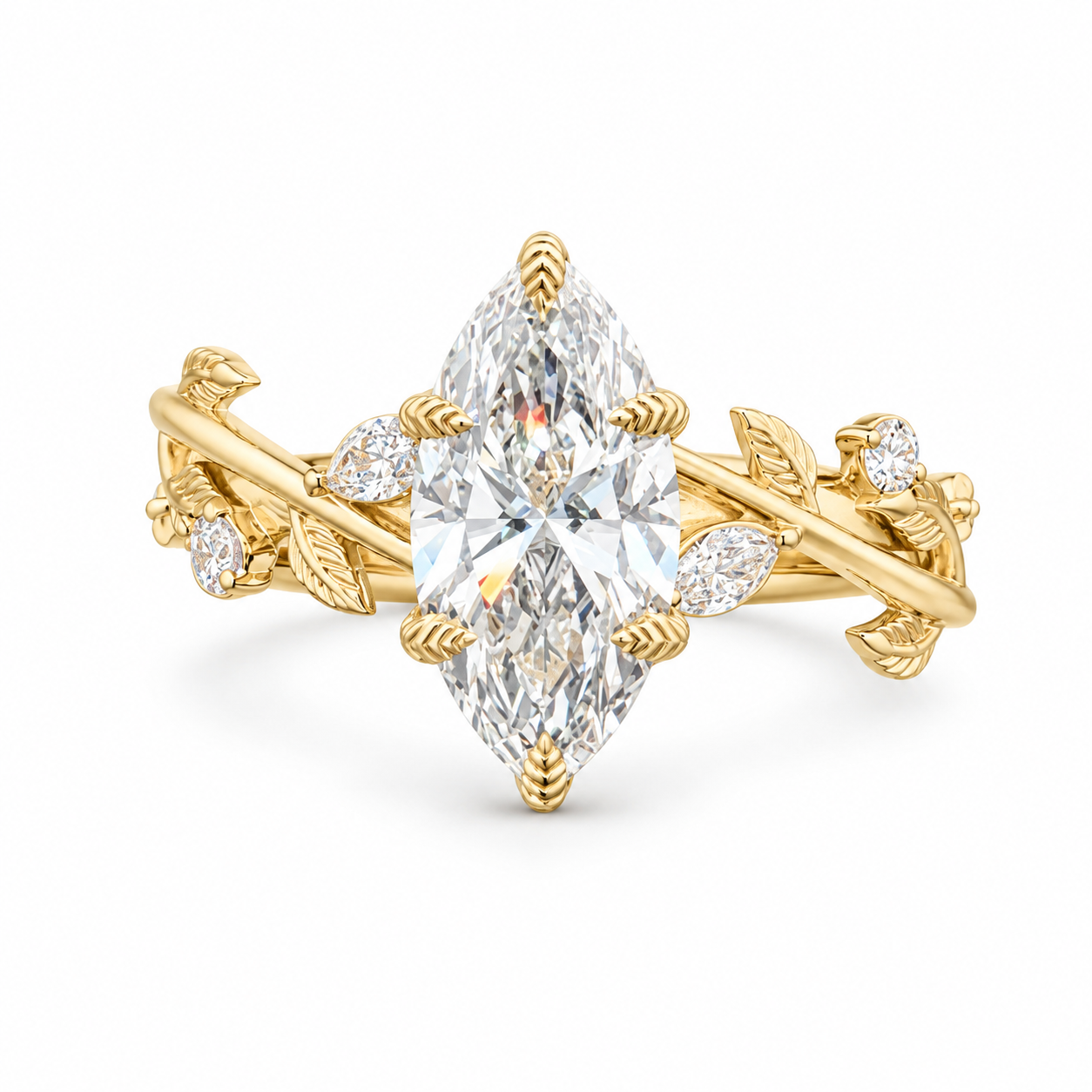 A yellow gold ring featuring a large marquise-cut diamond center stone with smaller diamond accents along a vine-like band, shown on a clean white background.
